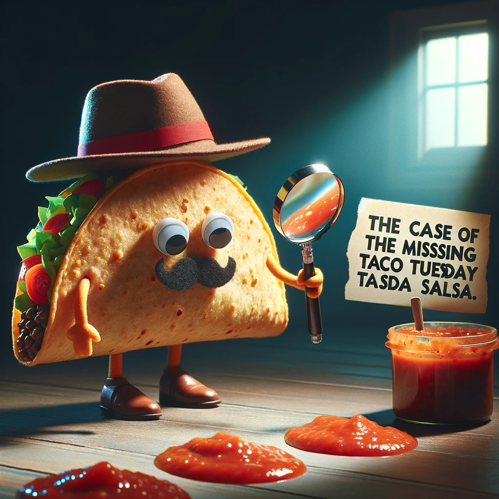 An image of a taco dressed as a detective, with a magnifying glass, inspecting a trail of salsa drops. The setting is a dimly lit room, suggesting a mystery theme. The caption reads, "The case of the missing Taco Tuesday salsa."