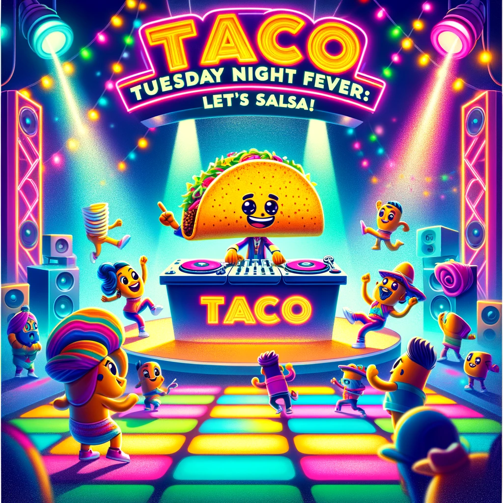 A vibrant image showing a taco DJ at a party, with turntables and a dance floor illuminated by colorful lights. Cartoon characters are dancing around, enjoying the music. The caption reads, "Taco Tuesday night fever: Let's salsa!"