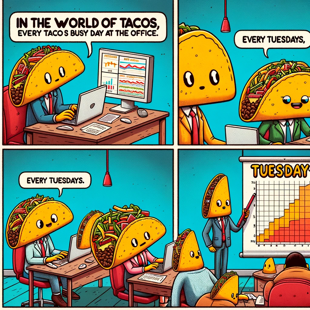 A comic strip scene with tacos as characters in various humorous office settings, one typing at a computer, another giving a presentation with a graph showing sales of tacos increasing on Tuesdays. The caption reads, "In the world of tacos, every Tuesday is a busy day at the office."