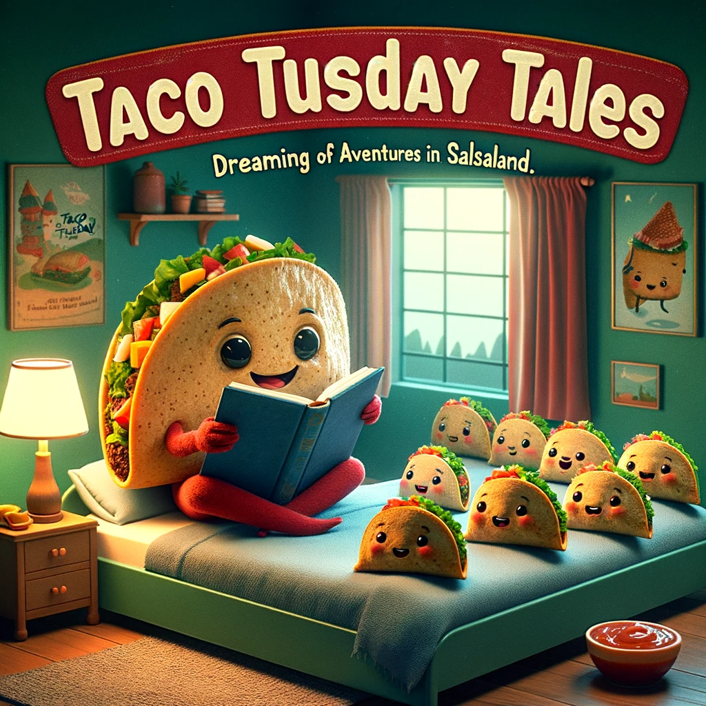 A heartwarming scene of a taco reading a bedtime story to a group of mini tacos in a cozy bedroom. The mini tacos are tucked into a little bed, listening intently. The caption reads, "Taco Tuesday tales: Dreaming of adventures in Salsaland."