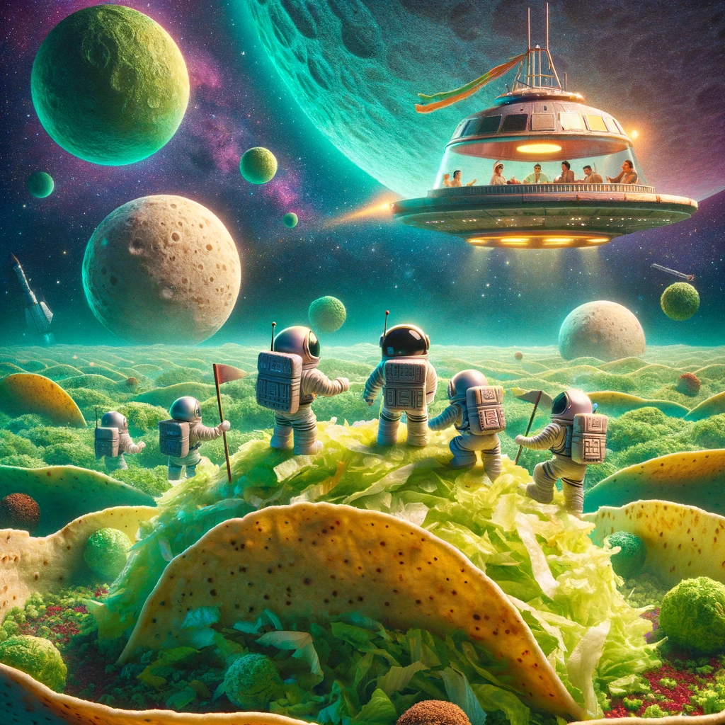 An imaginative scene of a taco spaceship landing on a planet made entirely of lettuce, with taco astronauts exploring the surface. The background features a galaxy with a tortilla texture. The caption reads, "Taco Tuesday explorers: Discovering new worlds of flavor."