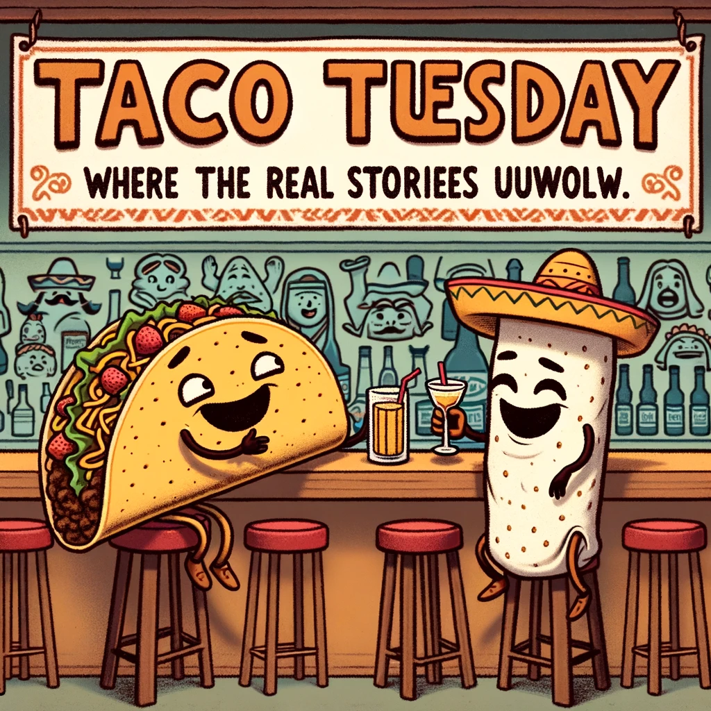 A funny scene of a taco and a burrito sitting at a bar, each with a drink in hand. The taco is telling a joke, and the burrito is laughing. The bar is themed with Mexican decorations. The caption reads, "Taco Tuesday happy hour: Where the real stories unfold."