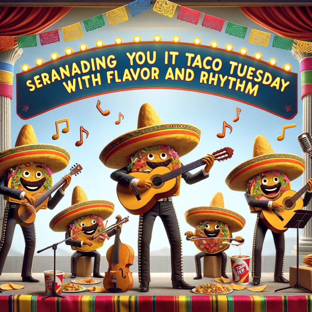A festive scene of a taco mariachi band, with tacos playing guitars, trumpets, and violins. They're performing on a stage decorated with colorful Mexican banners. The caption reads, "Seranading you into Taco Tuesday with flavor and rhythm."