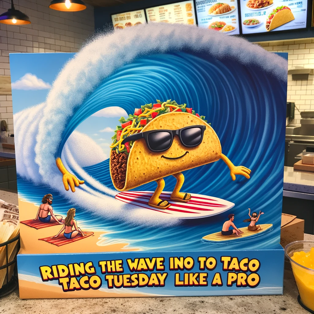 An image of a taco surfing a giant wave, with sunglasses and a cool demeanor. The beach scene is lively, with other food items watching from the shore. The caption reads, "Riding the wave into Taco Tuesday like a pro."