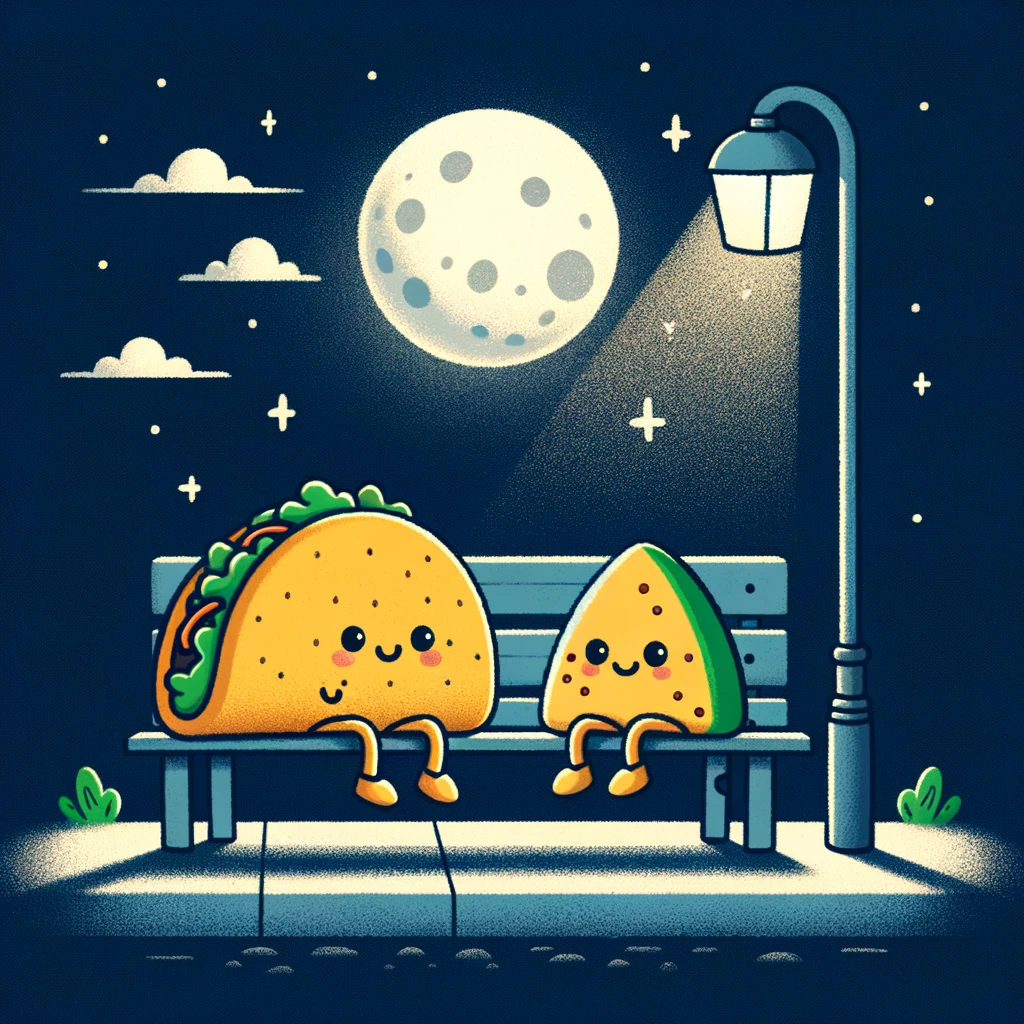 A cute illustration of a taco and a quesadilla sitting on a bench under a streetlight, sharing a moment. The night scene is calm, with a moon shaped like a lime in the sky. The caption reads, "Taco Tuesday nights: Sharing slices of life."