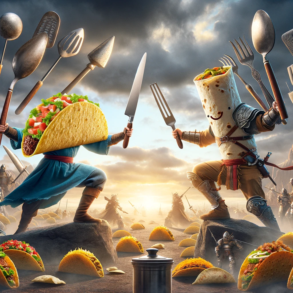 An epic battle scene with tacos and burritos wielding kitchen utensils as weapons, set in a fantasy landscape. The atmosphere is intense, with a dramatic sky overhead. The caption reads, "The great Taco Tuesday showdown: Tacos vs. Burritos."