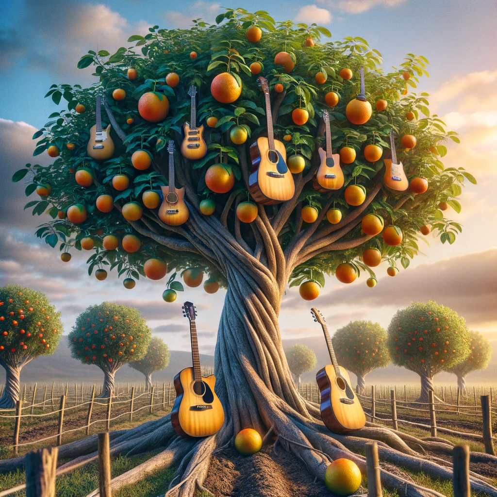 A surreal image of a tree growing guitars instead of fruits, with a caption that reads, "Harvesting the chords."