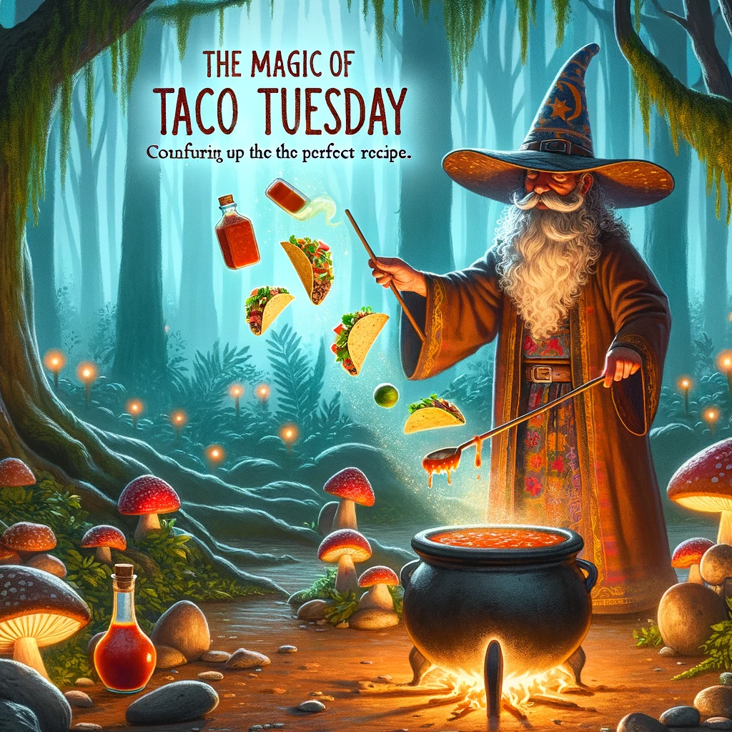 A whimsical scene of a taco wizard casting spells in a mystical forest, with ingredients floating around as if enchanted. The magical ambiance is highlighted by glowing mushrooms and a cauldron bubbling with salsa. The caption reads, "The magic of Taco Tuesday: Conjuring up the perfect recipe."