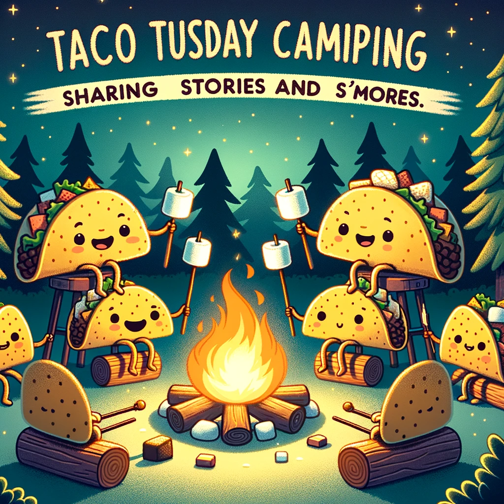 A cozy scene of tacos gathered around a campfire in the woods, roasting marshmallows on sticks. The friendly gathering under a starry night sky creates a warm atmosphere. The caption reads, "Taco Tuesday camping: Sharing stories and s'mores."