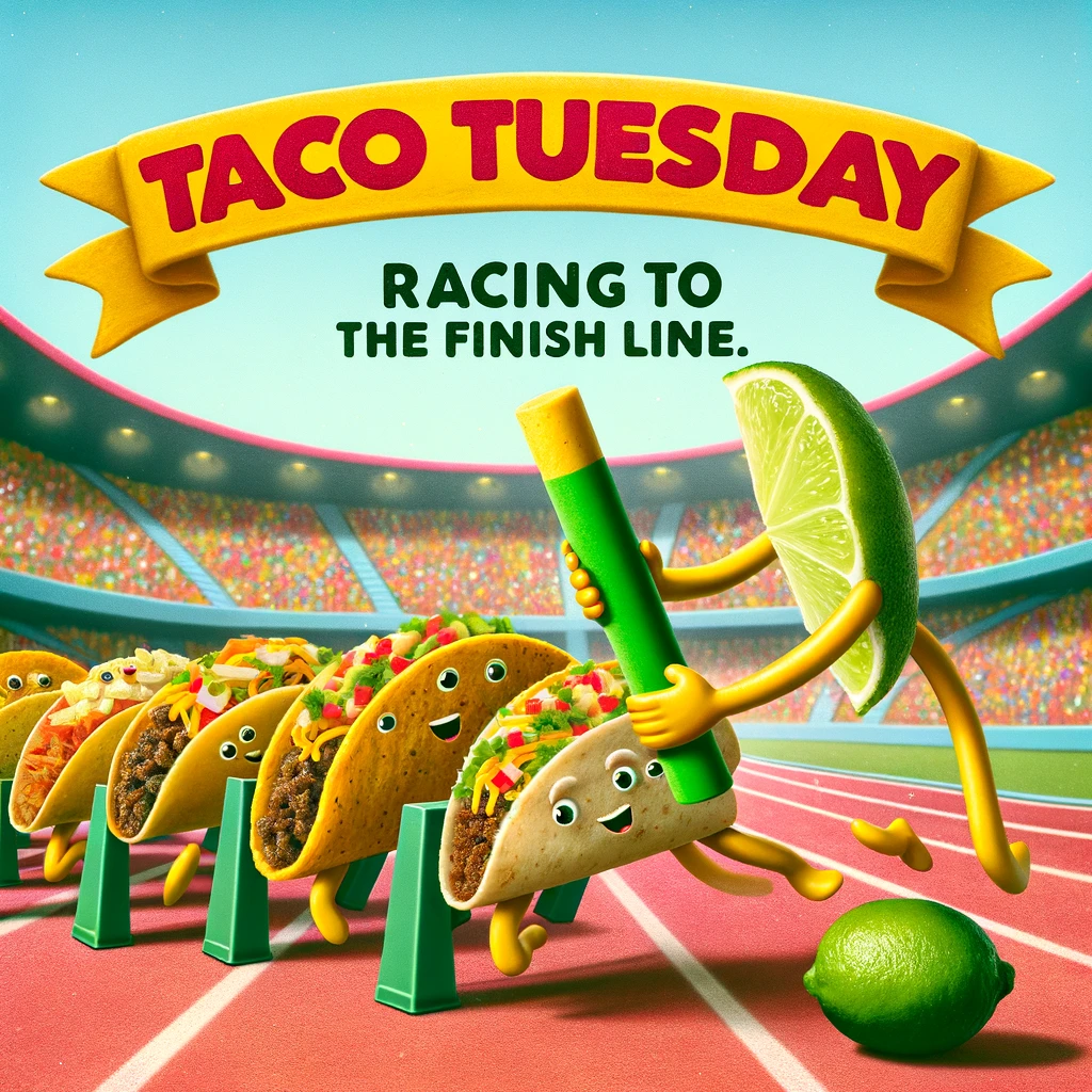 A playful image of a group of tacos participating in a relay race, passing a baton (a lime slice) between each other. The race track is set in a vibrant stadium filled with cheering food item spectators. The caption reads, "Taco Tuesday Olympics: Racing to the finish line."