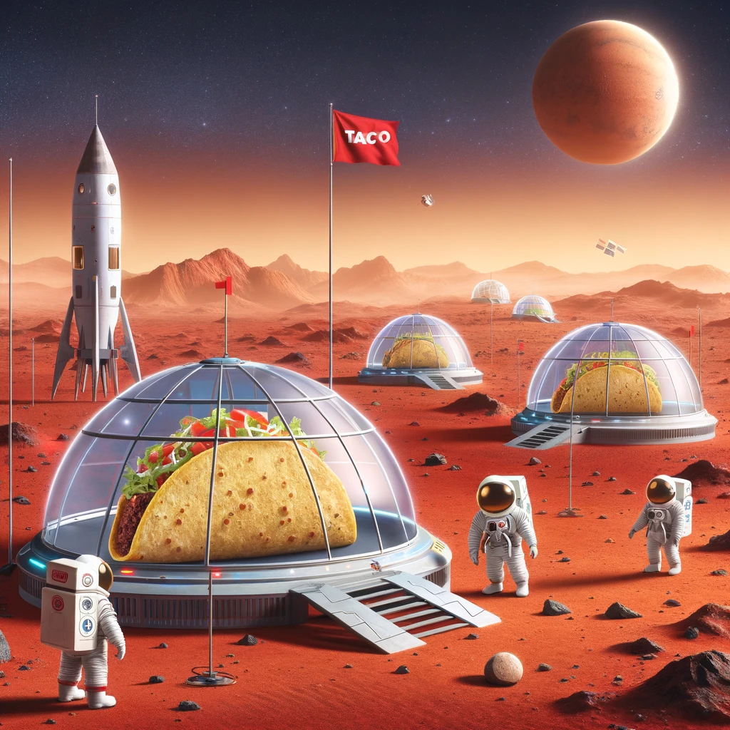 An imaginative scene of a taco space colony on Mars, with domed habitats and tacos in space suits exploring the red landscape. The futuristic setting includes a flag with a taco emblem. The caption reads, "Taco Tuesday: Colonizing new frontiers."