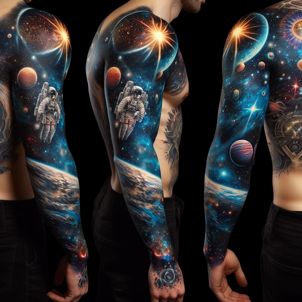 A man's full sleeve tattoo that intertwines a cosmic and celestial theme, featuring detailed depictions of the solar system, stars, and galaxies, with a realistic astronaut floating amidst the cosmic scenery. The tattoo should cover the arm from shoulder to wrist, incorporating elements of space exploration and the vastness of the universe, with vibrant colors against a dark space background to bring the cosmos to life.