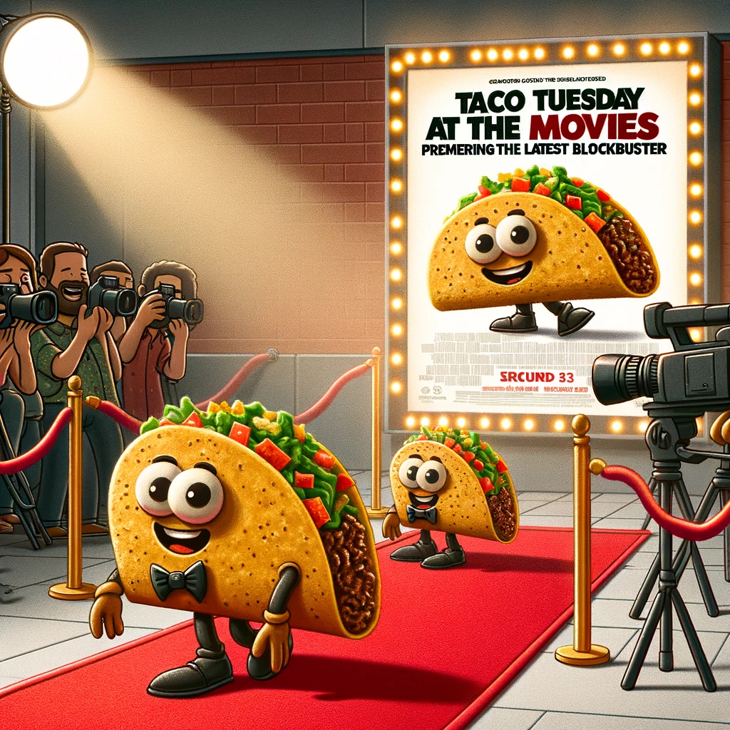 A humorous scene of tacos attending a film premiere, walking down the red carpet with cameras flashing. The movie poster in the background features a taco in an action pose. The caption reads, "Taco Tuesday at the movies: Premiering the latest blockbuster."