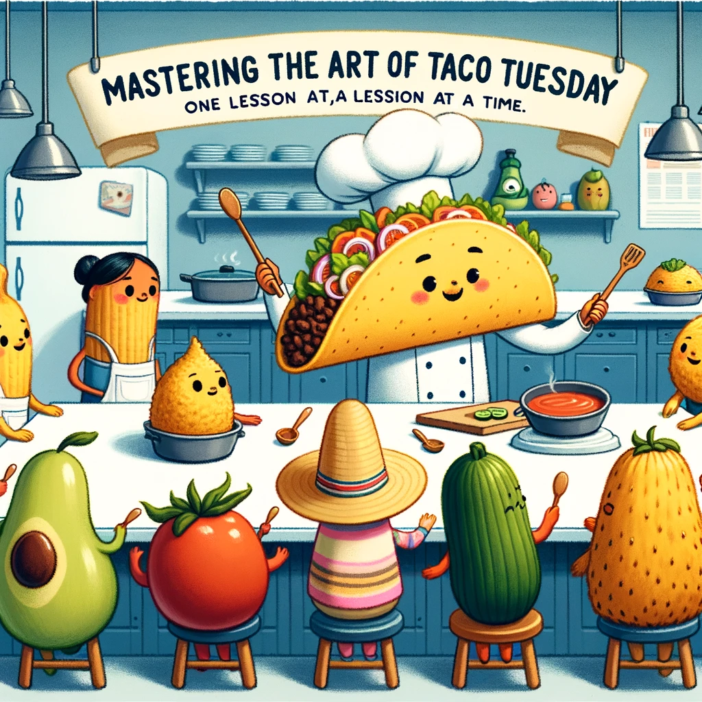 A charming scene of a taco teaching a cooking class to a diverse group of food items. The kitchen is well-equipped, and everyone is focused on learning how to make the perfect taco. The caption reads, "Mastering the art of Taco Tuesday, one lesson at a time."
