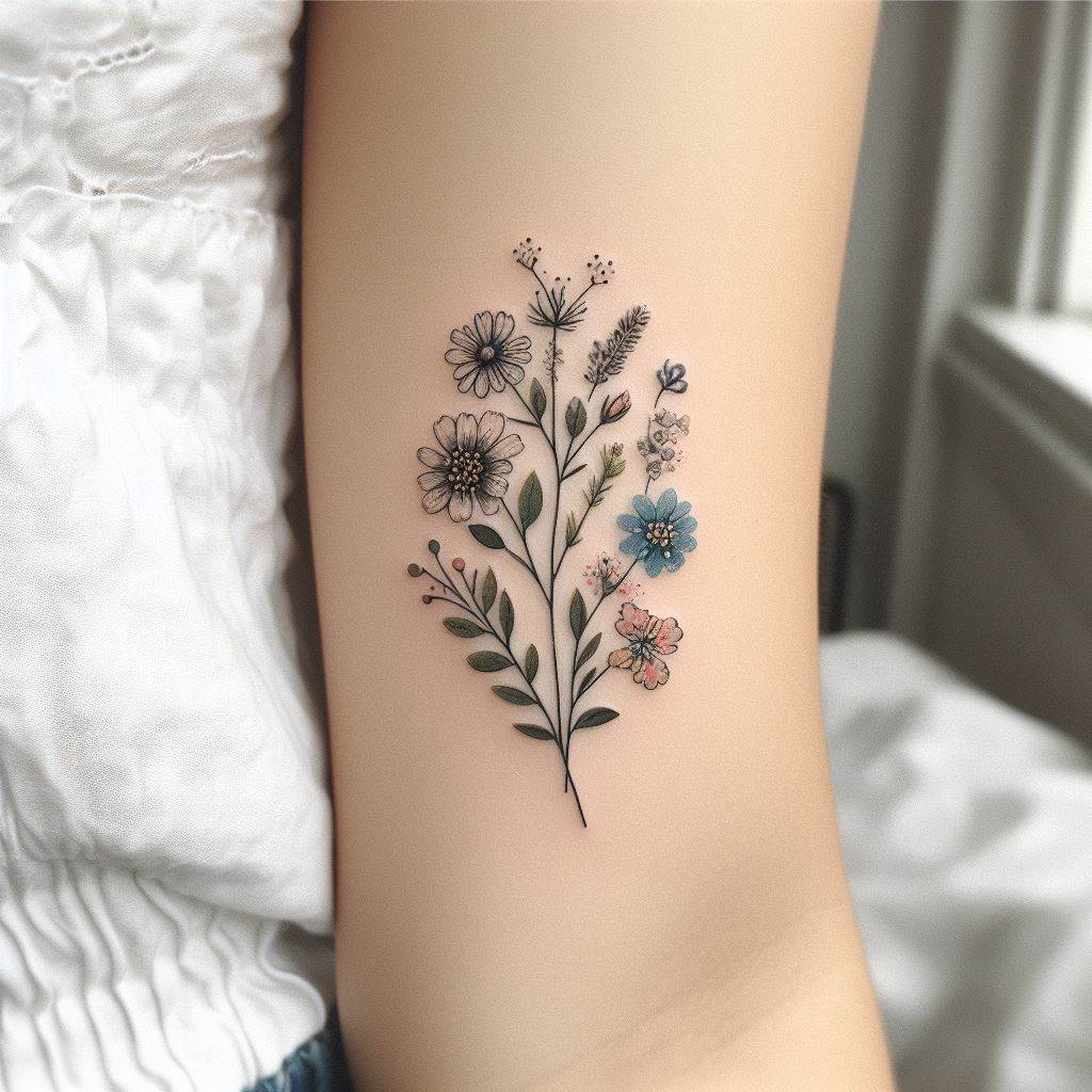 A cute, small tattoo of a dainty floral bouquet, composed of wildflowers and leaves, elegantly placed along the side of the forearm. Each flower should be uniquely detailed, showcasing a variety of shapes and sizes, to convey a wild and natural beauty.