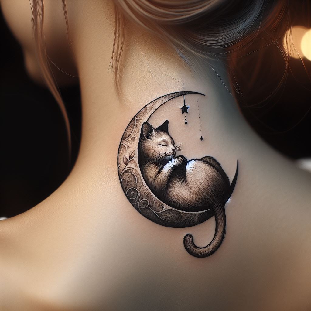 An artistic, small tattoo of a crescent moon cradling a sleeping cat, placed tenderly on the side of the neck. The tattoo should blend elements of fantasy and tranquility, with the moon's soft glow illuminating the cat's peaceful expression.