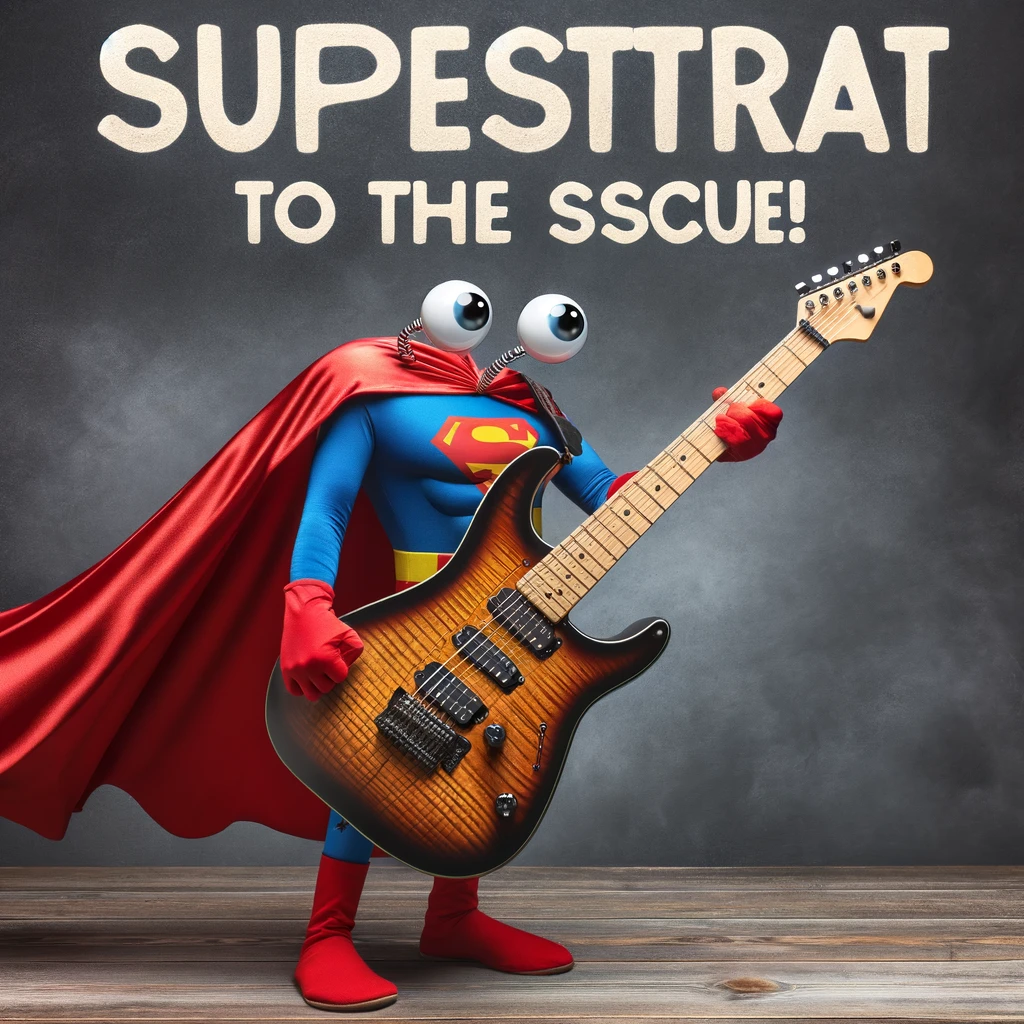 A humorous image of a guitar dressed up as a superhero, cape and all, captioned, "Superstrat to the rescue!"