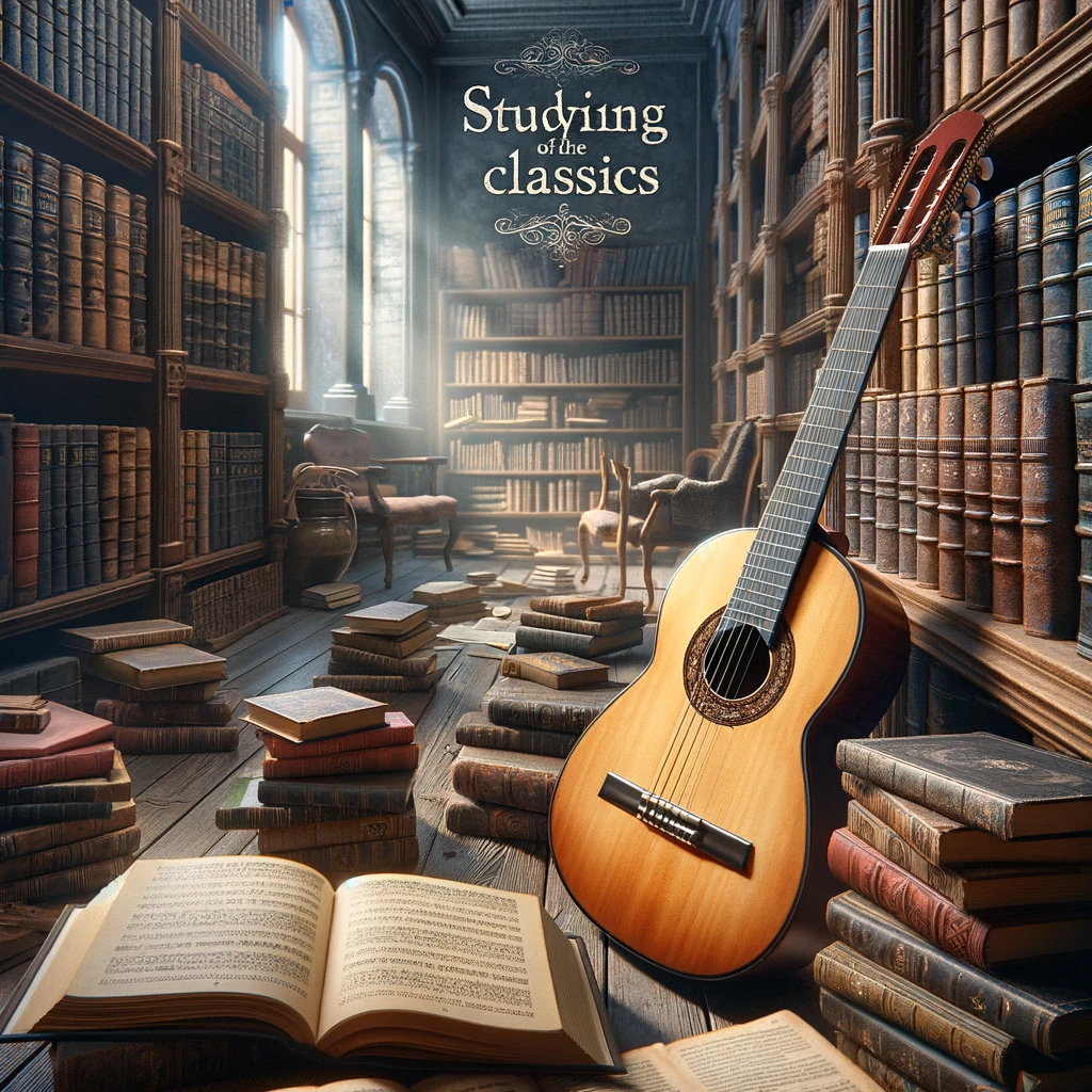 An image of a classical guitar sitting in a library, surrounded by books, captioned, "Studying the classics."