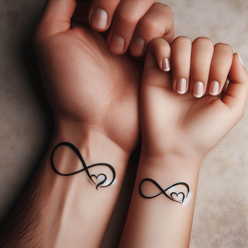 A pair of inner wrist tattoos, with the father and daughter each having a small infinity symbol intertwined with a heart, representing their everlasting love and connection. The design is simple yet profound, executed with clean lines and minimalistic style, making it a timeless symbol of their bond.