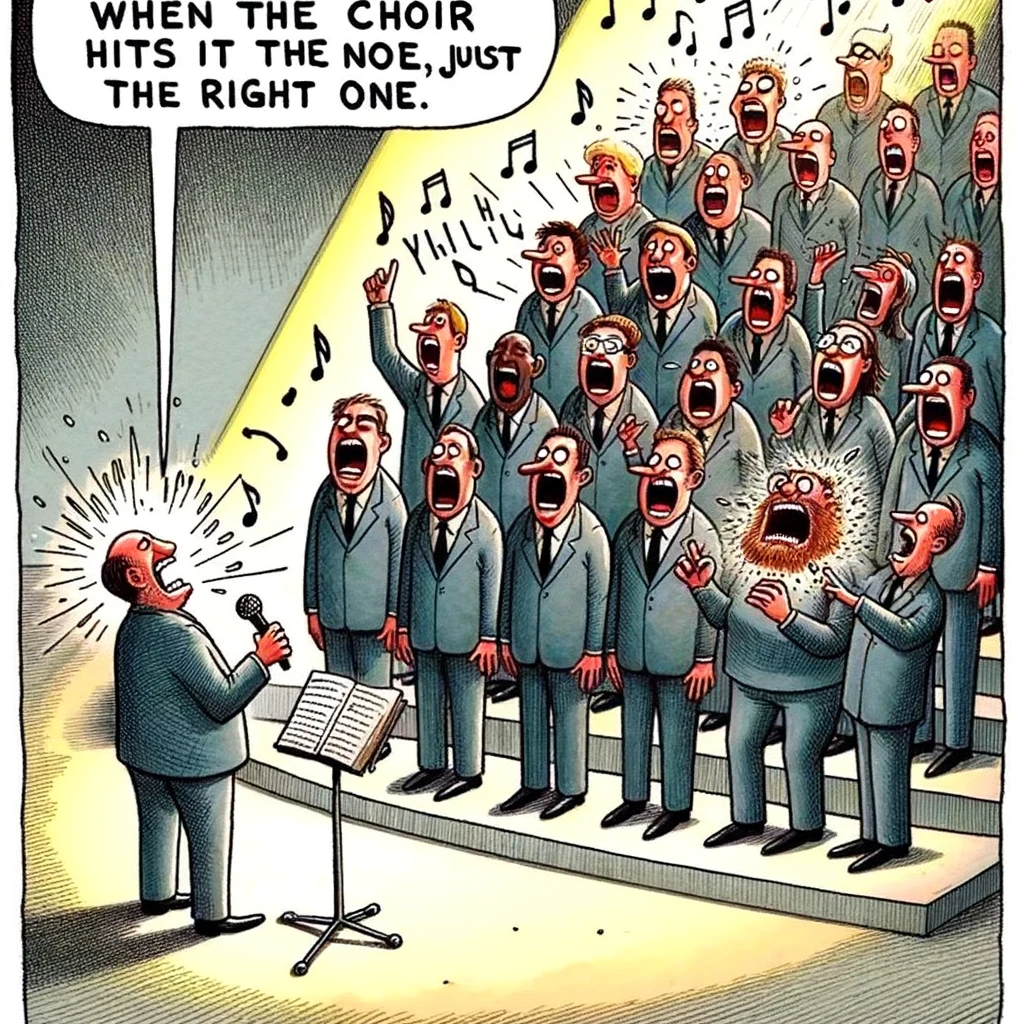 A humorous image depicting a choir group struggling to stay in tune, with a caption that reads, "When the choir hits the note... just not the right one."