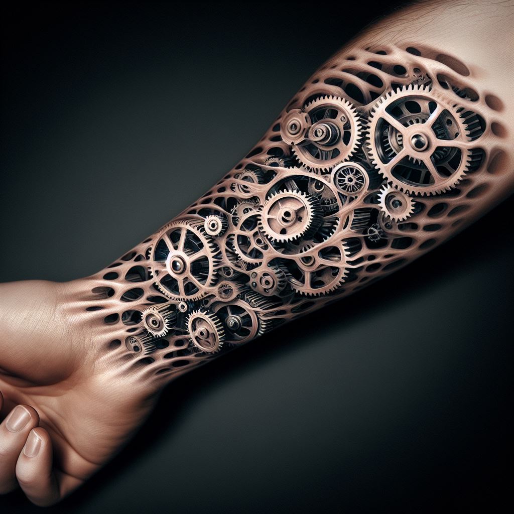 A hyper-realistic, 3D tattoo of interlocking mechanical gears and cogs that appear to be embedded beneath the skin of a man's forearm. This design should give the illusion of motion, symbolizing progress, the complexity of human invention, and a fascination with how things work.