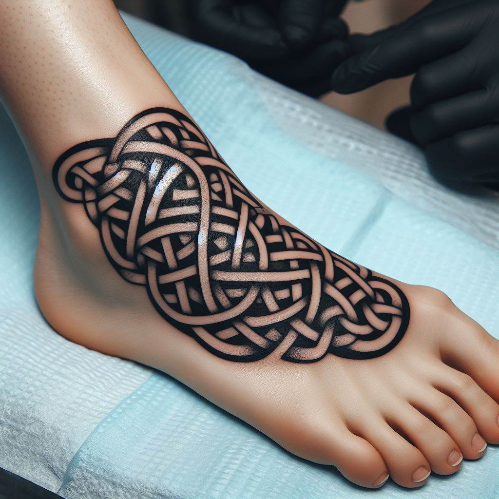 A Celtic knot tattoo designed around the ankle, with its intricate loops and patterns wrapping seamlessly around the foot. The tattoo should be executed with precision, using black ink to highlight the complexity and beauty of the Celtic design.