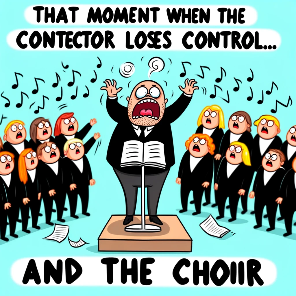 A funny image showing a choir conductor frantically waving their hands with a look of despair, as the choir sings completely off key. The caption says, "That moment when the conductor loses control... and the choir."