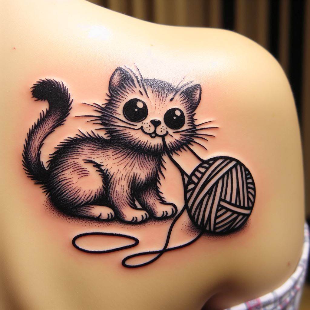 A playful tattoo of a cat playing with a ball of yarn on the shoulder blade. The cat should be drawn in a mischievous yet adorable manner, with exaggerated big eyes and a fluffy tail. The yarn should appear to unravel across the shoulder, with the end of the string looping around the arm.