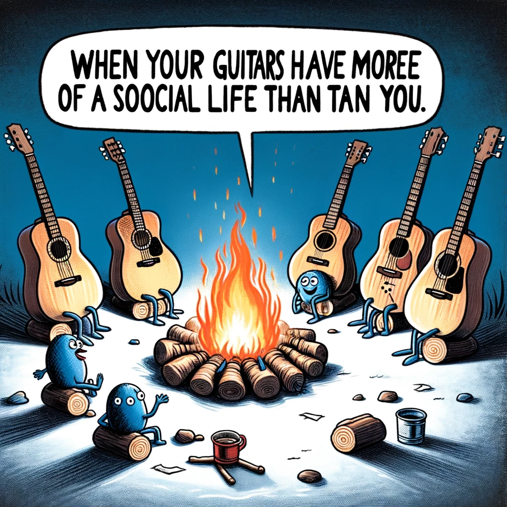 A funny image of a group of guitars having a campfire, with one guitar telling stories to the others, captioned, "When your guitars have more of a social life than you."
