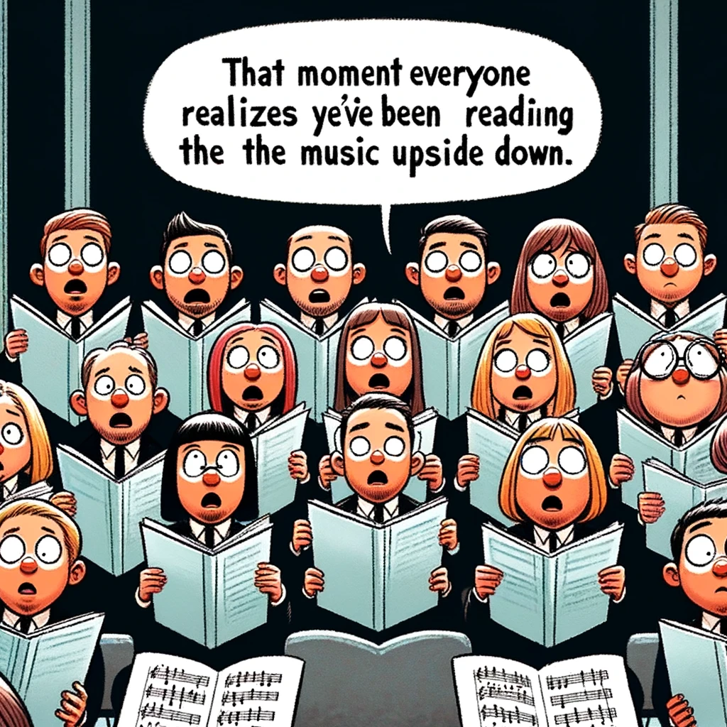 A comical image of choir members looking at each other in confusion while holding their sheet music upside down, with a caption saying, "That moment everyone realizes they've been reading the music upside down."