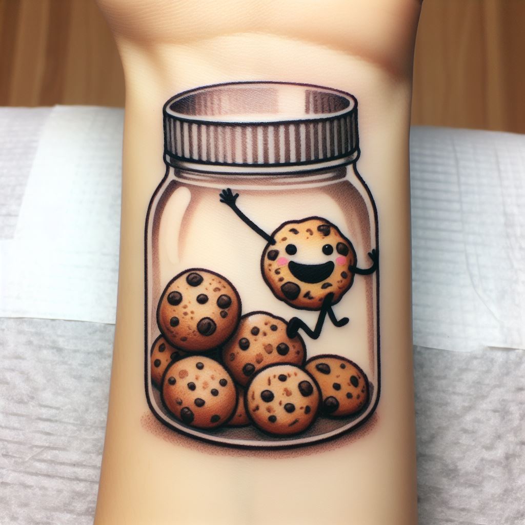A playful tattoo of a jar of cookies, with one cookie climbing out, positioned on the inner wrist. The jar should be transparent, showcasing a variety of cookies inside, all with cute, happy faces. The escaping cookie should look mischievous and delighted, as if embarking on an adventure.