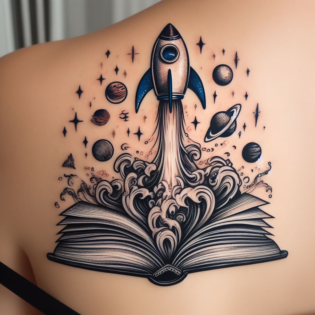 A fanciful tattoo of a spaceship blasting off from a book, located on the upper back. The book should be open, with pages looking like waves of the ocean, and the spaceship should be a whimsical design, leaving a trail of stars and planets as it ascends. This tattoo symbolizes the journey of imagination and the boundless adventures found in reading.