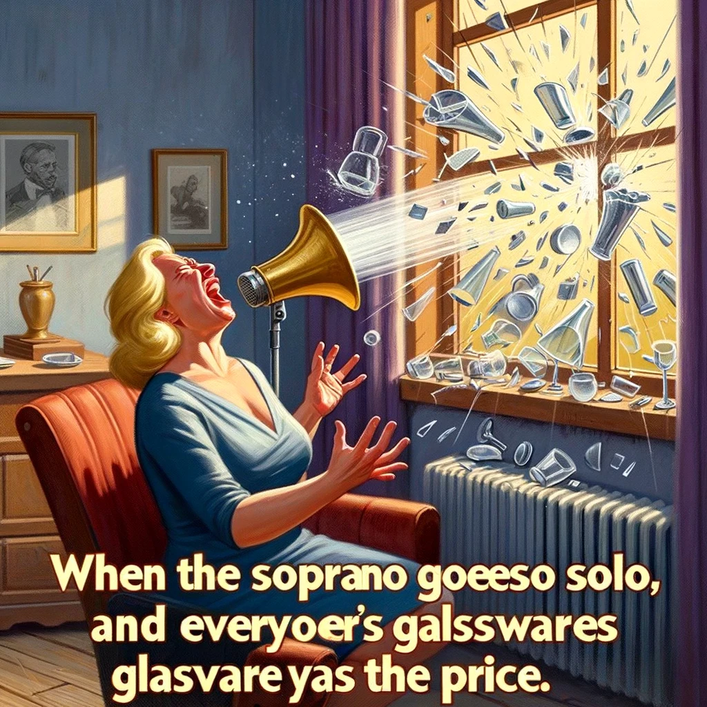 An image of a soprano singer hitting a note so high that the windows in the room start to crack, with a caption that reads, "When the soprano goes solo, and everyone's glassware pays the price."