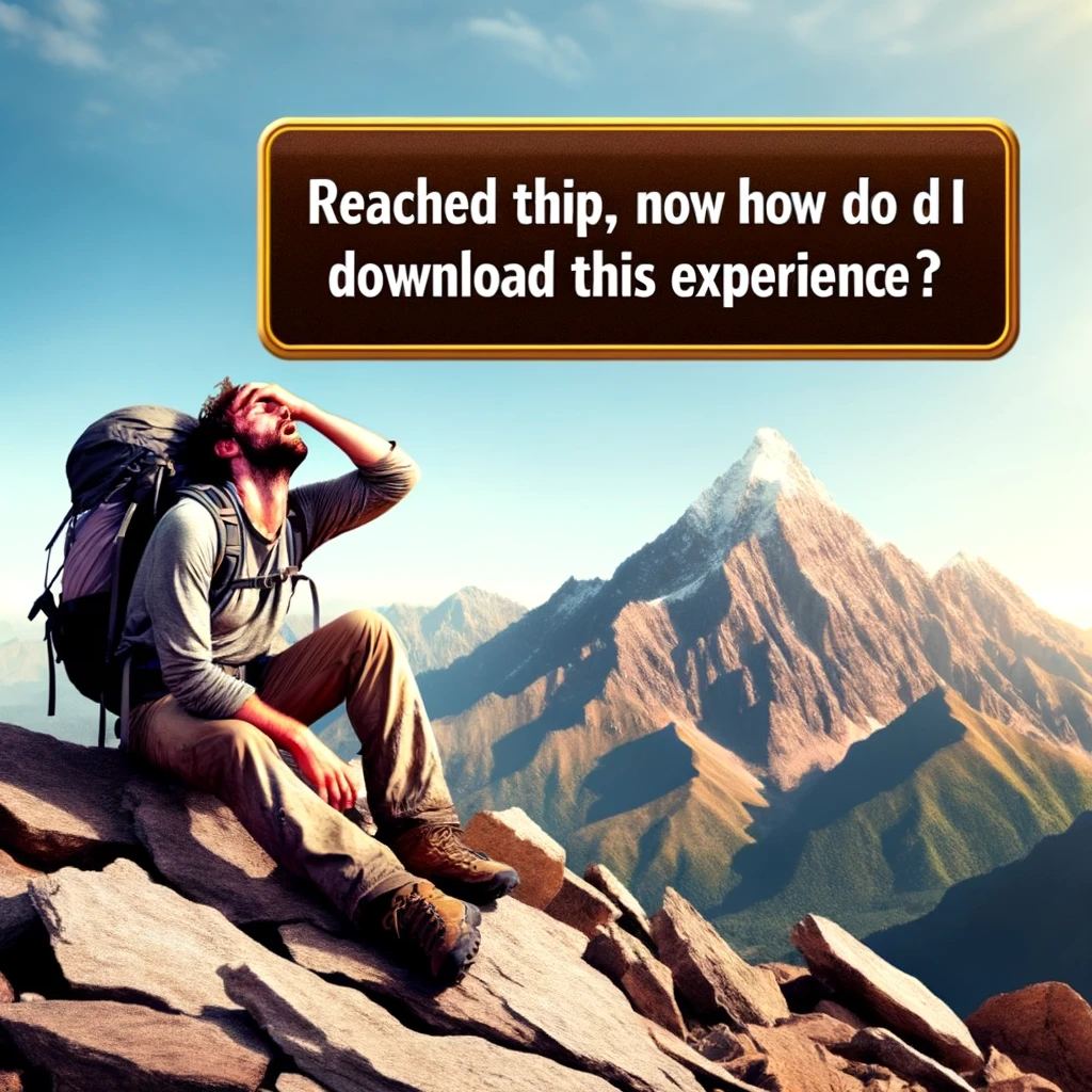 A meme of a hiker looking exhausted on a mountain peak, with the caption 'Reached the top, now how do I download this experience?'