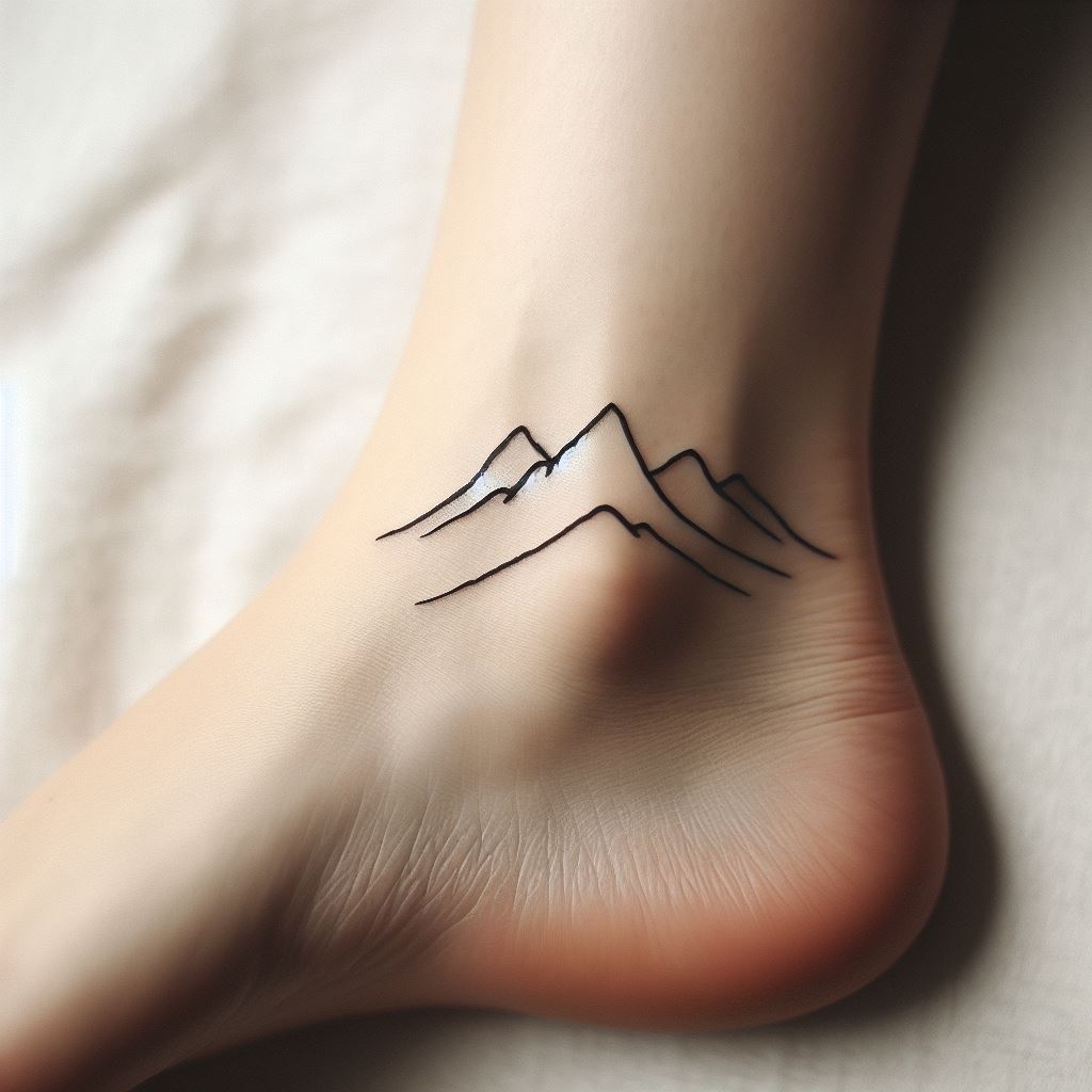 A delicate, single black line drawing of a mountain range that wraps gracefully around the ankle. The tattoo should have subtle peaks and valleys, resembling a serene landscape. This minimalist design captures the essence of adventure and tranquility, perfect for those who love nature and hiking.