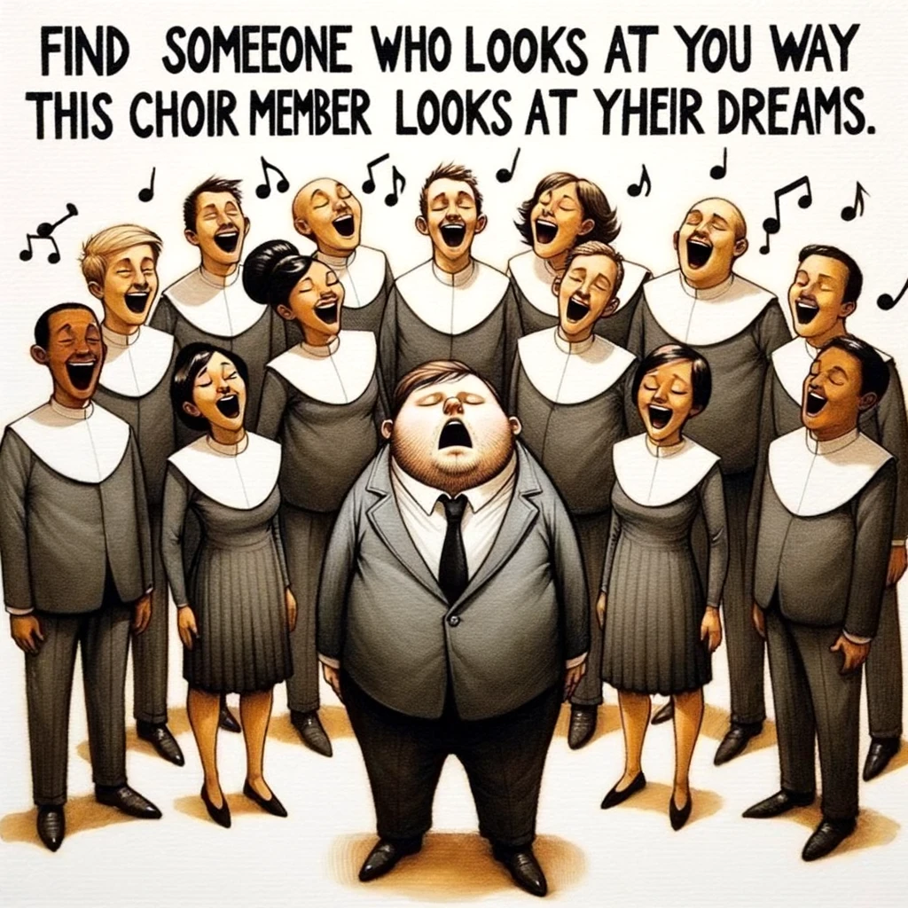 A playful image of a choir member sleeping while standing, with the rest of the choir singing energetically around them. The caption reads, "Find someone who looks at you the way this choir member looks at their dreams."