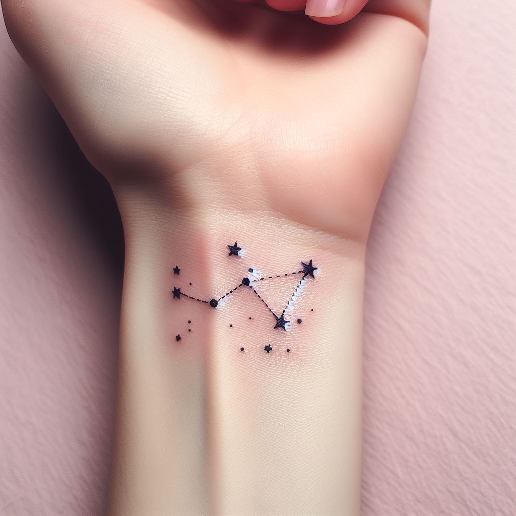 A small constellation tattoo, such as Orion or Ursa Major, placed on the inner wrist. Each star in the constellation is represented by a tiny dot, connected with thin lines to form the constellation's shape. This design symbolizes guidance, destiny, or a personal connection to the cosmos, fitting neatly into the small canvas of the wrist.