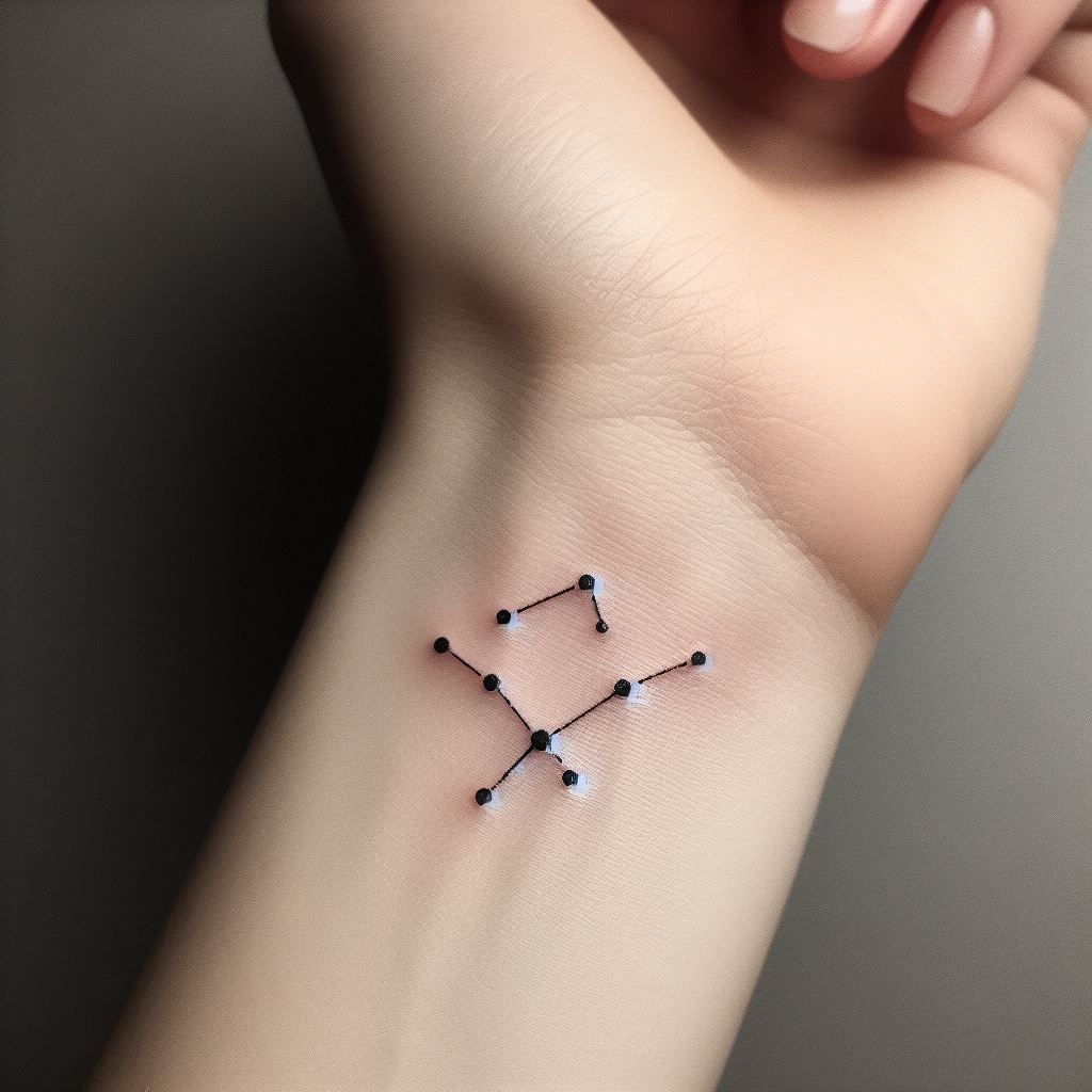 A small constellation tattoo, such as Orion or Ursa Major, placed on the inner wrist. Each star in the constellation is represented by a tiny dot, connected with thin lines to form the constellation's shape. This design symbolizes guidance, destiny, or a personal connection to the cosmos, fitting neatly into the small canvas of the wrist.