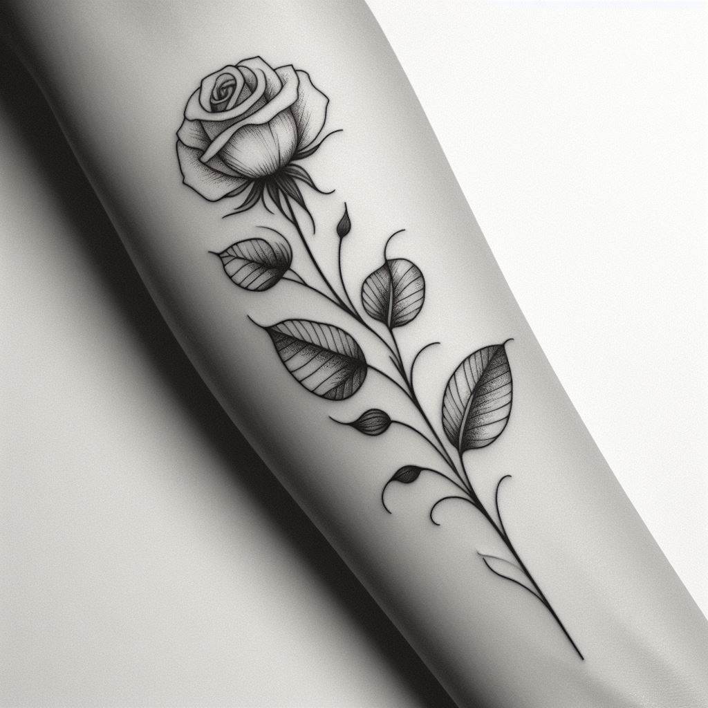 An elegant, single rose stem with one blooming flower and a couple of leaves, stretching vertically down the forearm. The design should be executed with fine lines, emphasizing the beauty and simplicity of nature. This tattoo symbolizes love, beauty, and the complexity hidden within simplicity.