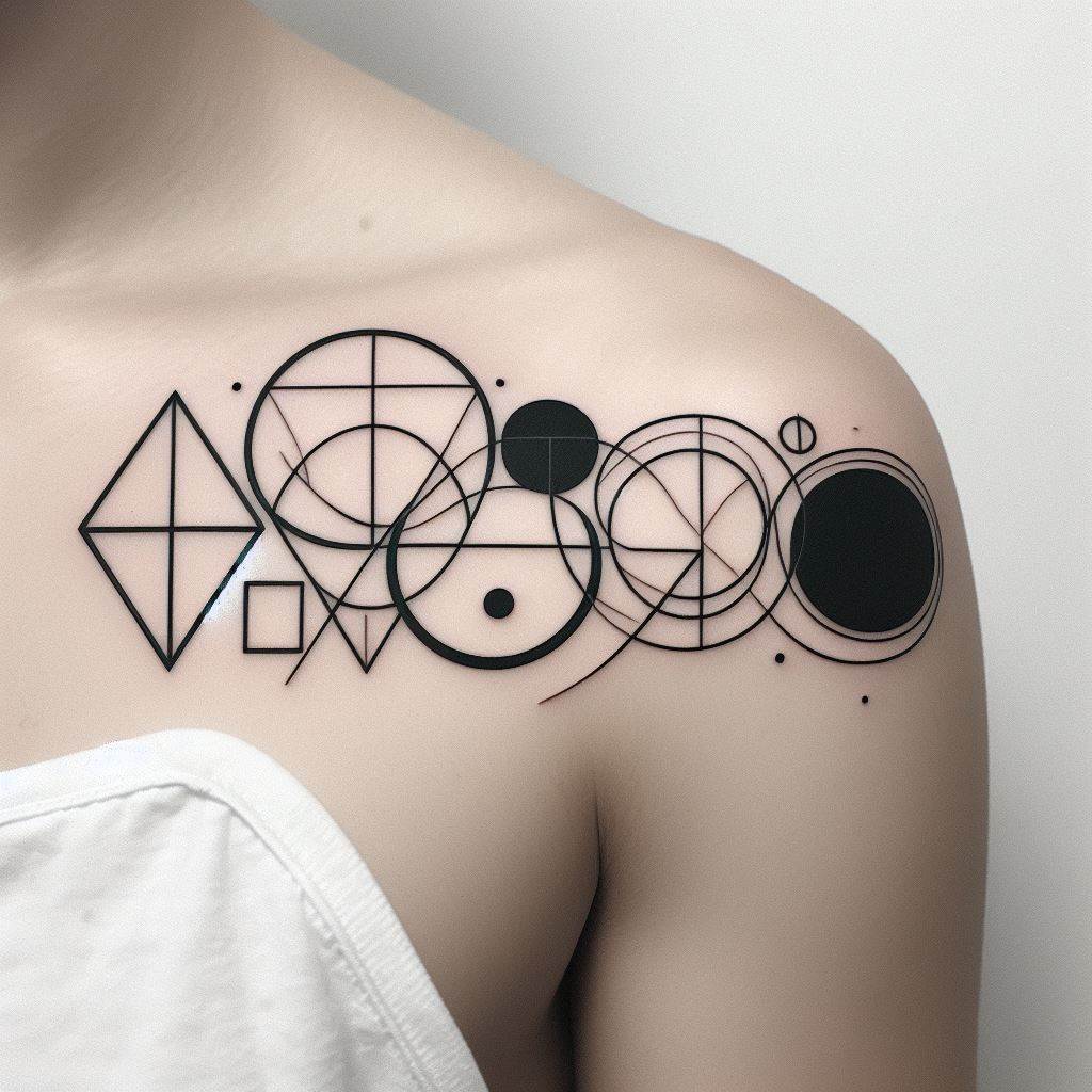 A composition of geometric shapes, such as circles, triangles, and squares, arranged in a visually appealing pattern on the upper arm. Each shape should be outlined with precision, creating an abstract yet harmonious design. This minimalist tattoo can represent balance, mystery, or the beauty of structure and form.
