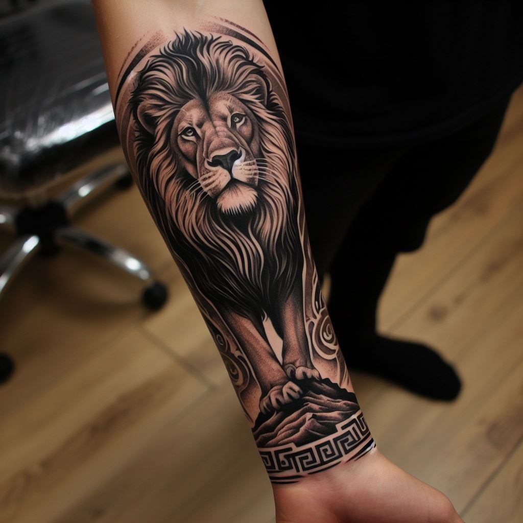 A majestic lion tattoo wrapping around the forearm, with intricate details highlighting the mane and fierce eyes. The lion stands atop a small hill, its gaze piercing forward, symbolizing courage and strength. The tattoo incorporates tribal elements with fine lines and shading to add depth and texture.
