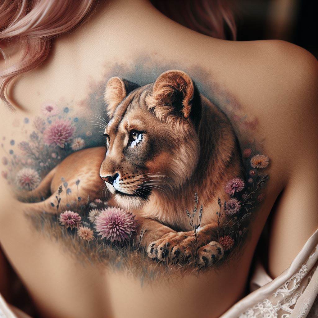 An elegant lion tattoo positioned on the back, featuring a serene lioness lying in a field of wildflowers. The focus is on her gentle eyes and the softness of her fur, contrasting with the usual ferocity associated with lions. This tattoo blends realism with touches of watercolor to create a vibrant, life-like appearance.