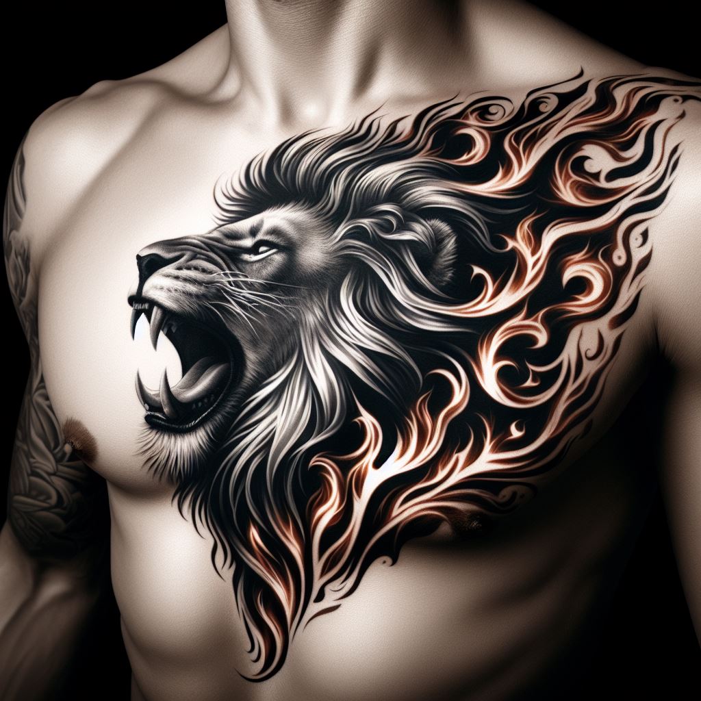 A powerful lion tattoo on the chest, depicting the lion roaring with a crown of flames. The flames are designed with a dynamic, flowing style that extends to the shoulder blades, symbolizing passion and leadership. The lion's mane merges seamlessly with the fire, creating an illusion of unity and unstoppable force.