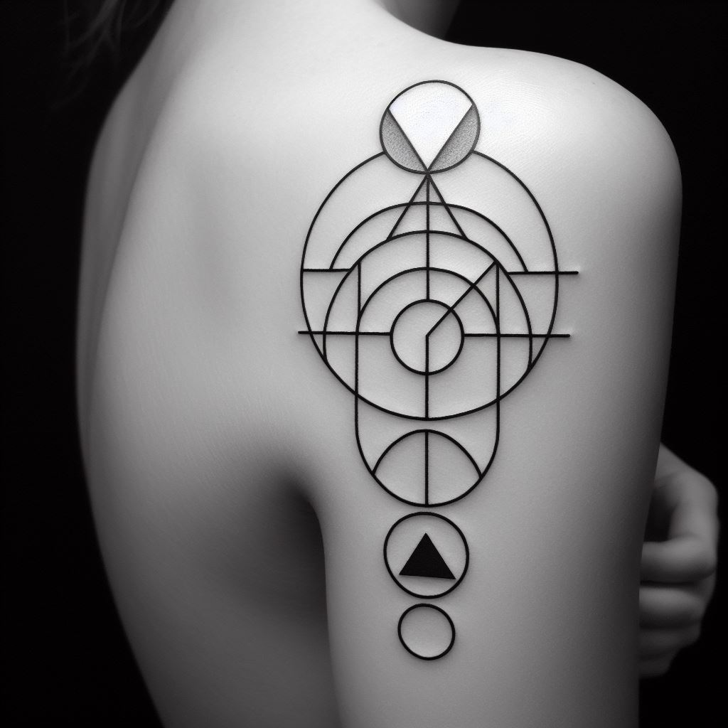A composition of geometric shapes, such as circles, triangles, and squares, arranged in a visually appealing pattern on the upper arm. Each shape should be outlined with precision, creating an abstract yet harmonious design. This minimalist tattoo can represent balance, mystery, or the beauty of structure and form.