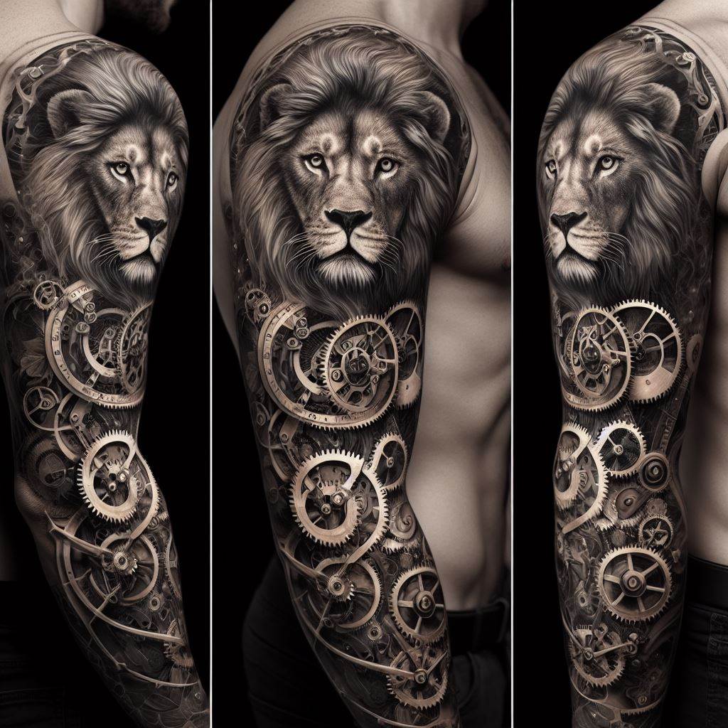 An intricate sleeve tattoo featuring a lion and a clock, where the lion's mane transitions into the gears and workings of the clock. This tattoo represents the concept of time and strength, with the lion's eyes fixed in a determined gaze. The mechanical elements are rendered with precise detail, contrasting with the organic lines of the lion.