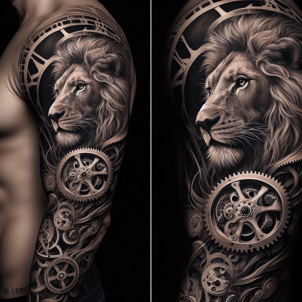 An intricate sleeve tattoo featuring a lion and a clock, where the lion's mane transitions into the gears and workings of the clock. This tattoo represents the concept of time and strength, with the lion's eyes fixed in a determined gaze. The mechanical elements are rendered with precise detail, contrasting with the organic lines of the lion.