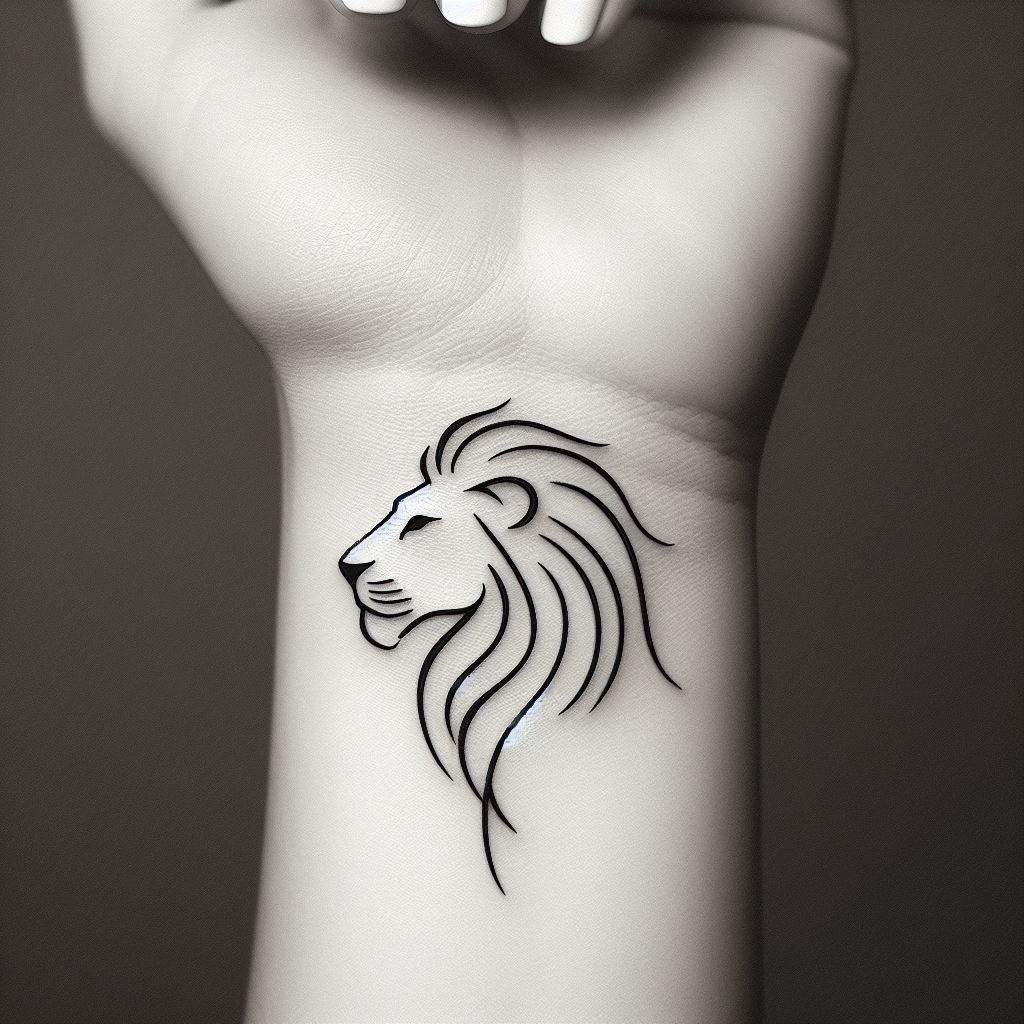 A minimalist lion tattoo located on the wrist, employing a single line drawing technique. The lion's profile is captured in a continuous, flowing line, expressing elegance and simplicity. This tattoo emphasizes the beauty of minimalism and the lion's symbolic meaning of pride and nobility.