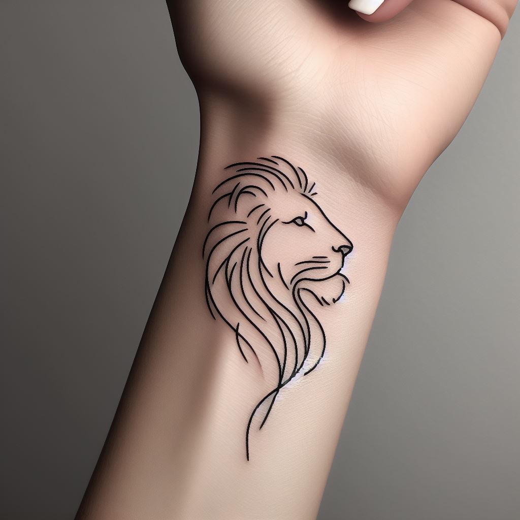 A minimalist lion tattoo located on the wrist, employing a single line drawing technique. The lion's profile is captured in a continuous, flowing line, expressing elegance and simplicity. This tattoo emphasizes the beauty of minimalism and the lion's symbolic meaning of pride and nobility.