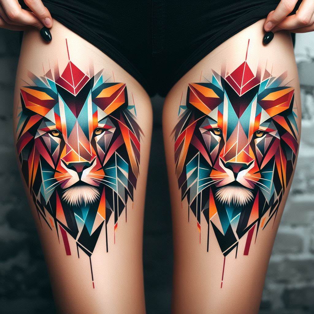 An abstract lion tattoo on the thigh, incorporating geometric shapes and vibrant colors to create a modern, artistic interpretation of a lion's face. The tattoo plays with symmetry and asymmetry, using sharp angles and bold color blocks to highlight the lion's features in a unique way.
