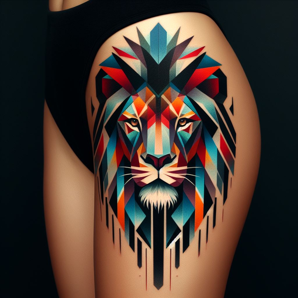 An abstract lion tattoo on the thigh, incorporating geometric shapes and vibrant colors to create a modern, artistic interpretation of a lion's face. The tattoo plays with symmetry and asymmetry, using sharp angles and bold color blocks to highlight the lion's features in a unique way.